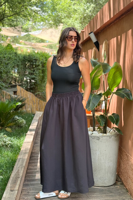 ONE COLOR EALSTIC SIMPLE LONG WOMEN SKIRT BLACK/ E ZEZE - 1