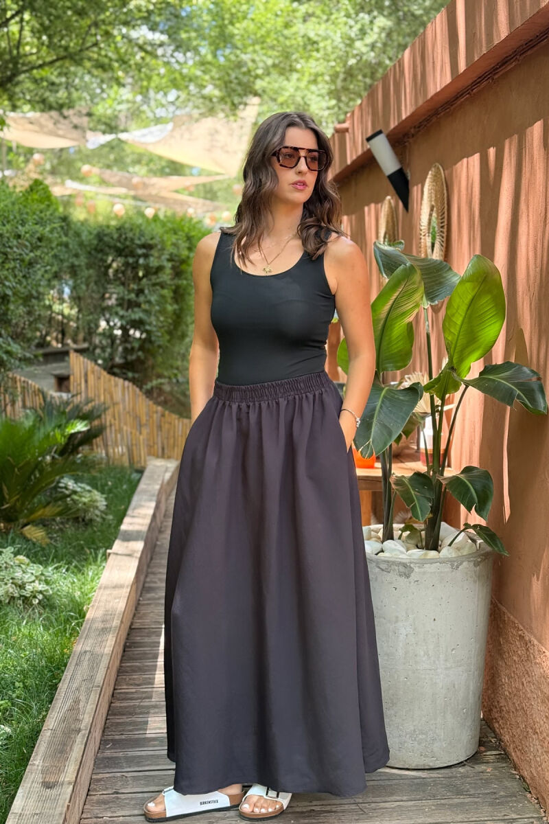 ONE COLOR EALSTIC SIMPLE LONG WOMEN SKIRT BLACK/ E ZEZE - 1