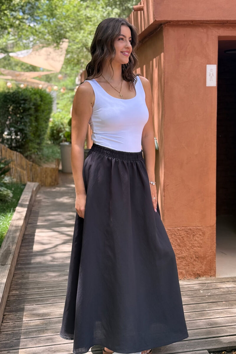 ONE COLOR EALSTIC SIMPLE LONG WOMEN SKIRT BLACK/ E ZEZE - 3