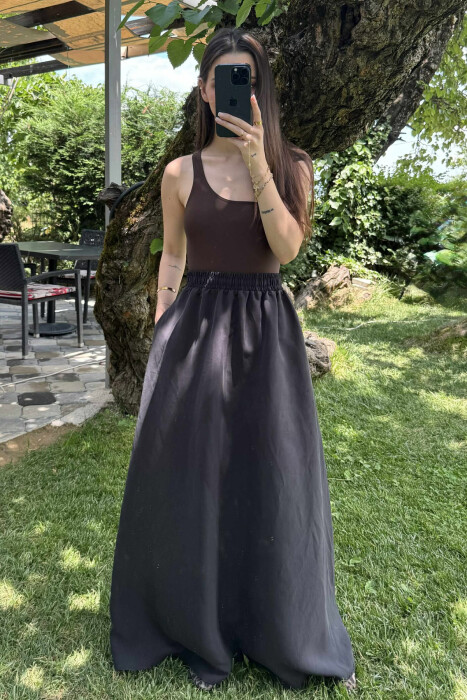 ONE COLOR EALSTIC SIMPLE LONG WOMEN SKIRT BLACK/ E ZEZE 