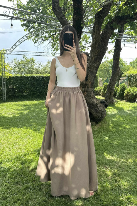 ONE COLOR EALSTIC SIMPLE LONG WOMEN SKIRT LIGHT BROWN/KAZB 