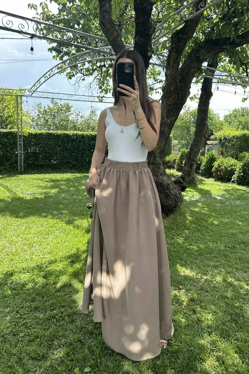 ONE COLOR EALSTIC SIMPLE LONG WOMEN SKIRT LIGHT BROWN/KAZB - 5