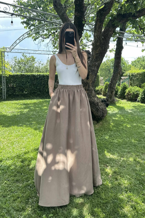 ONE COLOR EALSTIC SIMPLE LONG WOMEN SKIRT LIGHT BROWN/KAZB - 7