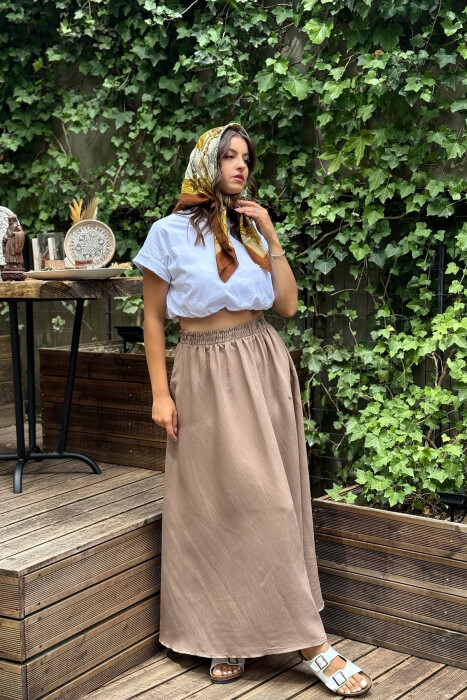 ONE COLOR EALSTIC SIMPLE LONG WOMEN SKIRT LIGHT BROWN/KAZB - 4