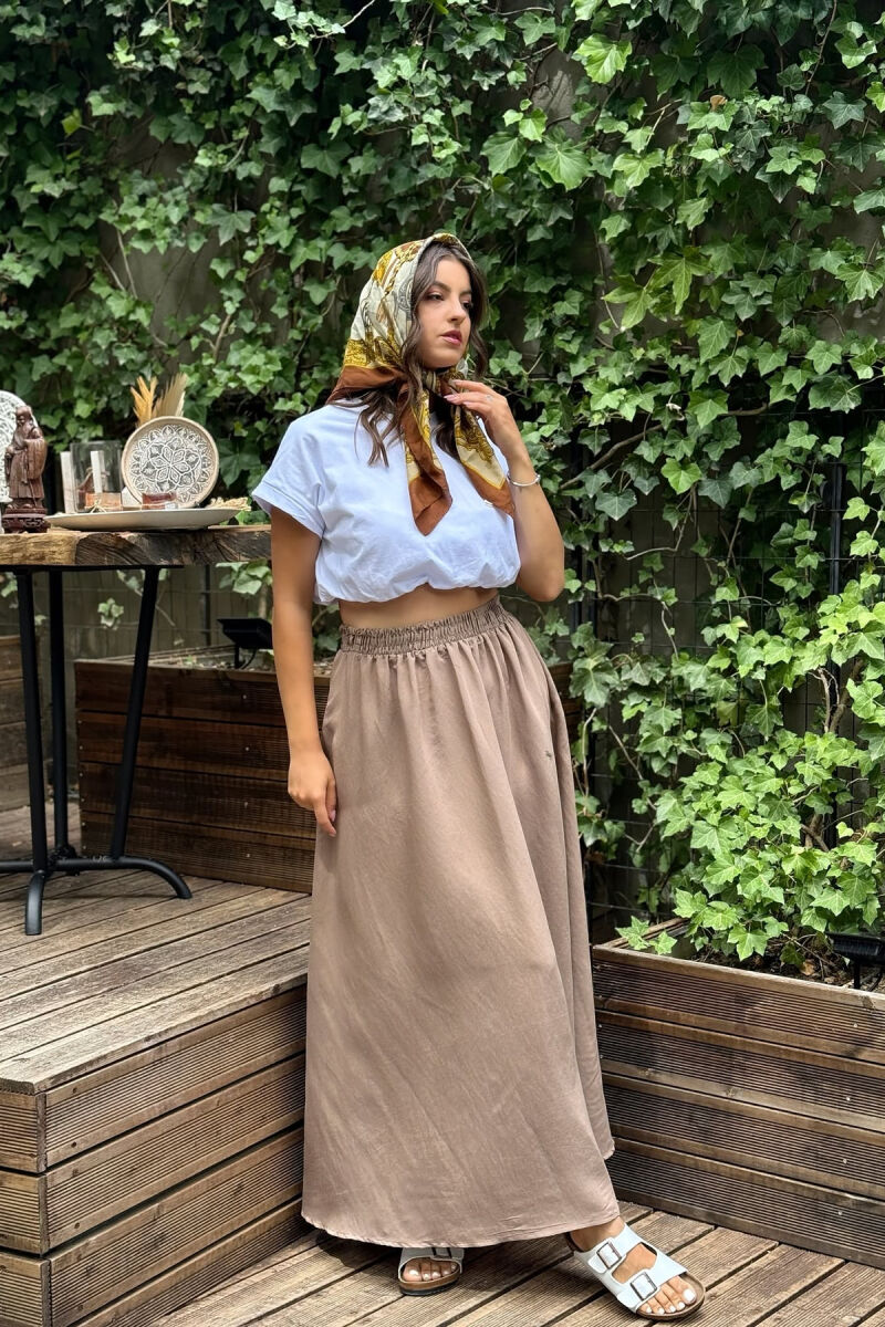 ONE COLOR EALSTIC SIMPLE LONG WOMEN SKIRT LIGHT BROWN/KAZB - 4