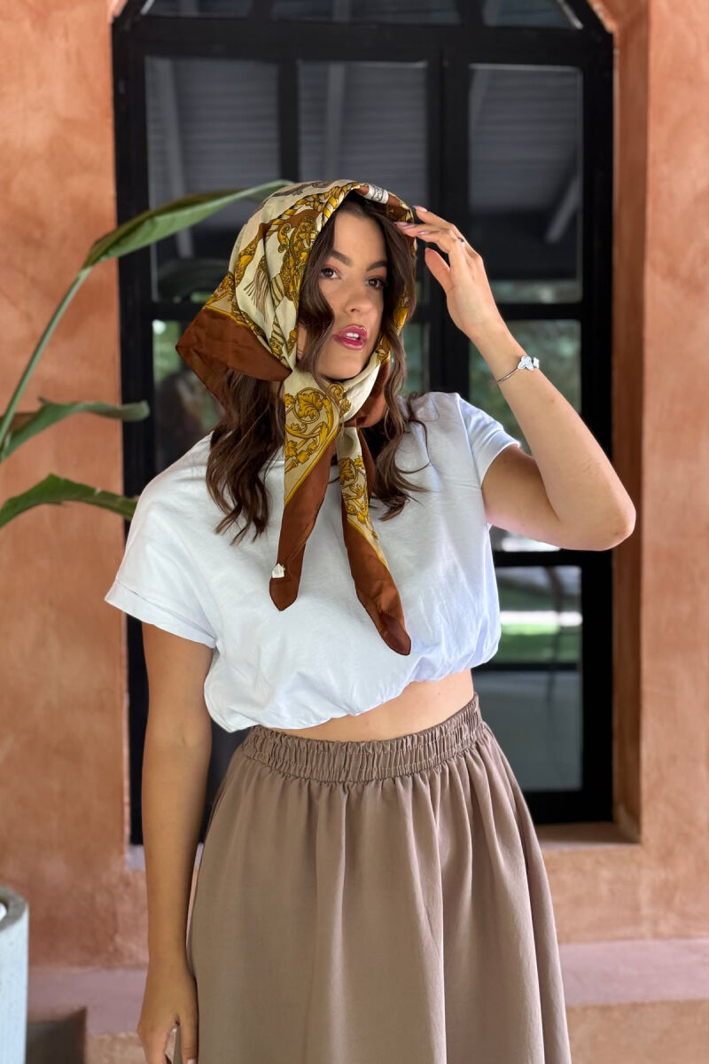 ONE COLOR EALSTIC SIMPLE LONG WOMEN SKIRT LIGHT BROWN/KAZB - 6