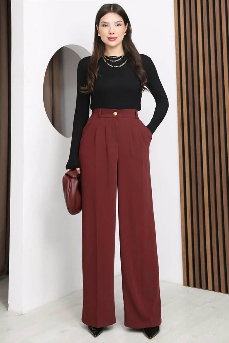 ONE COLOR ELASTIC BELT WIDE LEG WOMAN TROUSERS BURGUNDY/VISHNJE - 1