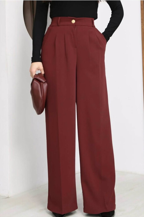 ONE COLOR ELASTIC BELT WIDE LEG WOMAN TROUSERS BURGUNDY/VISHNJE - 2