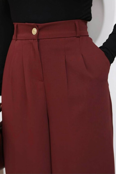 ONE COLOR ELASTIC BELT WIDE LEG WOMAN TROUSERS BURGUNDY/VISHNJE - 3