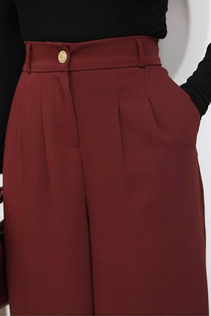 ONE COLOR ELASTIC BELT WIDE LEG WOMAN TROUSERS BURGUNDY/VISHNJE - 3