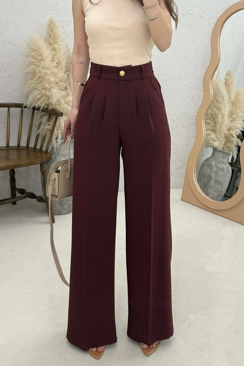 ONE COLOR ELASTIC BELT WIDE LEG WOMAN TROUSERS BURGUNDY/VISHNJE - 1