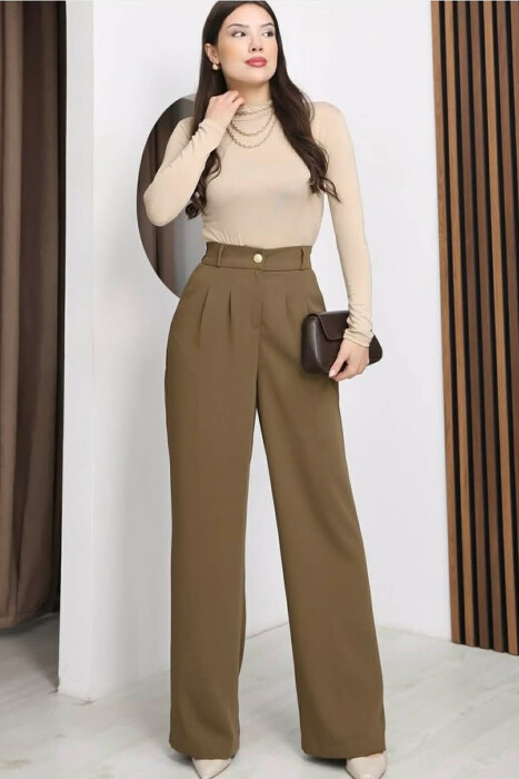 ONE COLOR ELASTIC BELT WIDE LEG WOMAN TROUSERS OLIVE/ULLI 