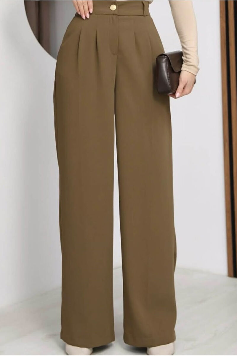 ONE COLOR ELASTIC BELT WIDE LEG WOMAN TROUSERS OLIVE/ULLI - 2