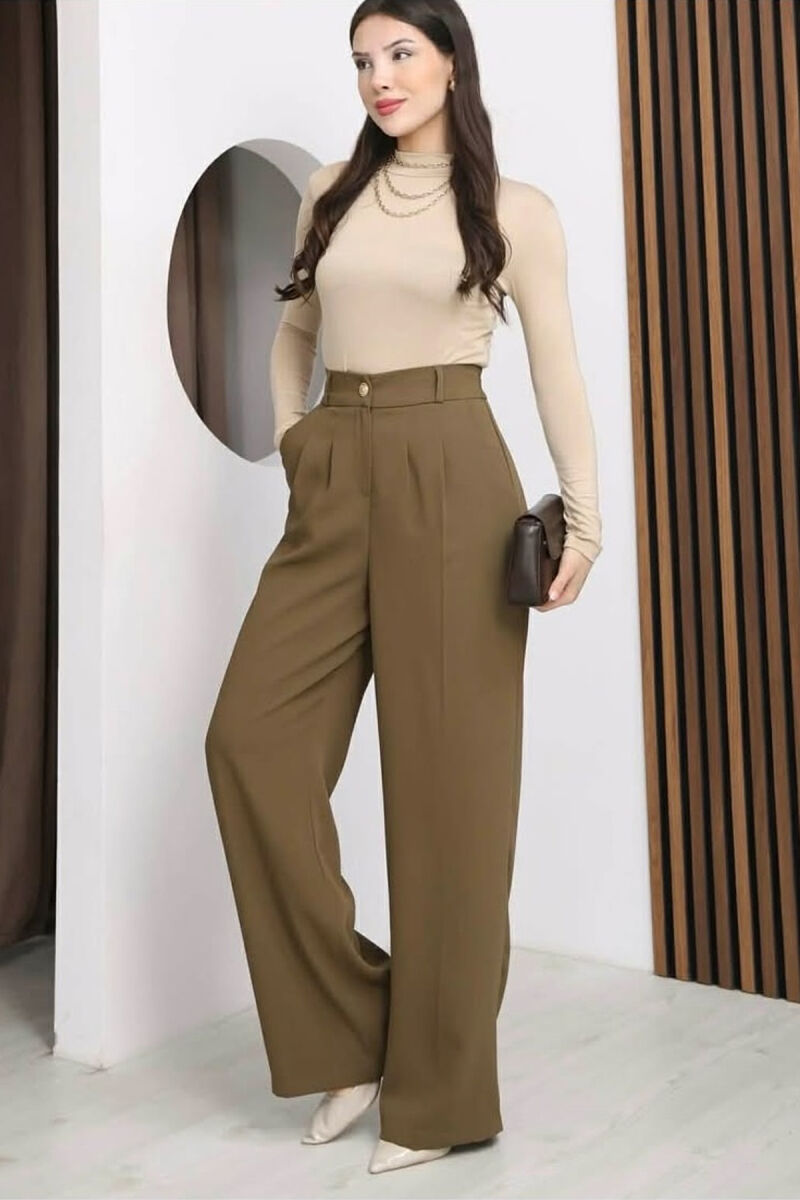 ONE COLOR ELASTIC BELT WIDE LEG WOMAN TROUSERS OLIVE/ULLI - 4