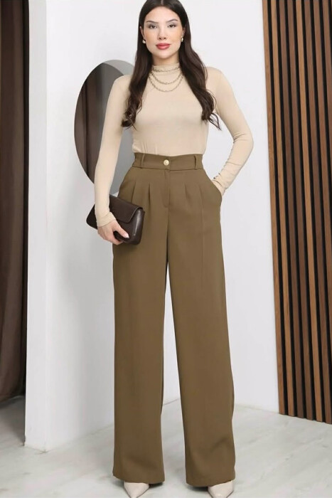 ONE COLOR ELASTIC BELT WIDE LEG WOMAN TROUSERS OLIVE/ULLI - 5