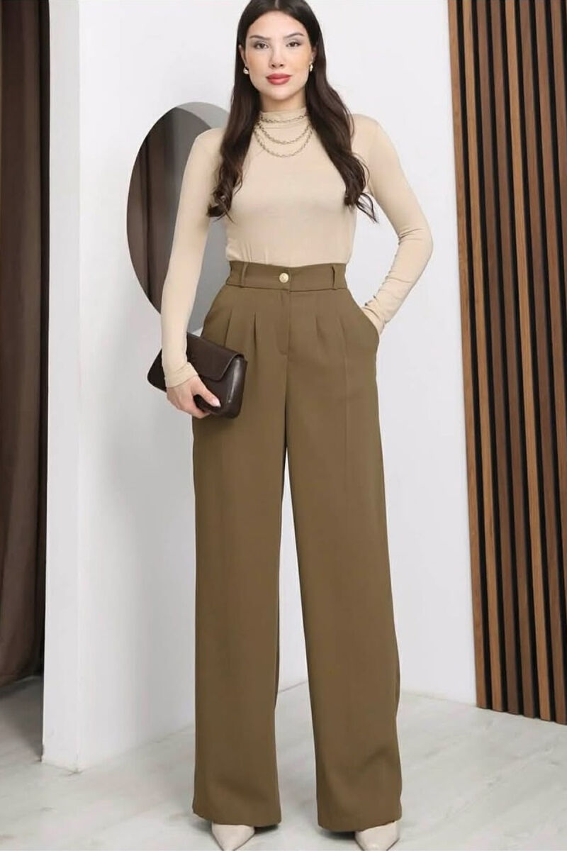 ONE COLOR ELASTIC BELT WIDE LEG WOMAN TROUSERS OLIVE/ULLI - 5