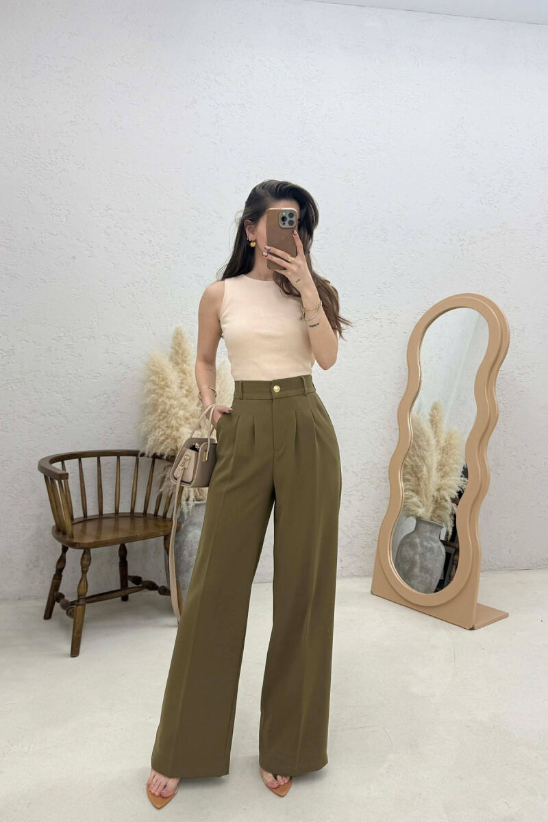 ONE COLOR ELASTIC BELT WIDE LEG WOMAN TROUSERS OLIVE/ULLI - 3