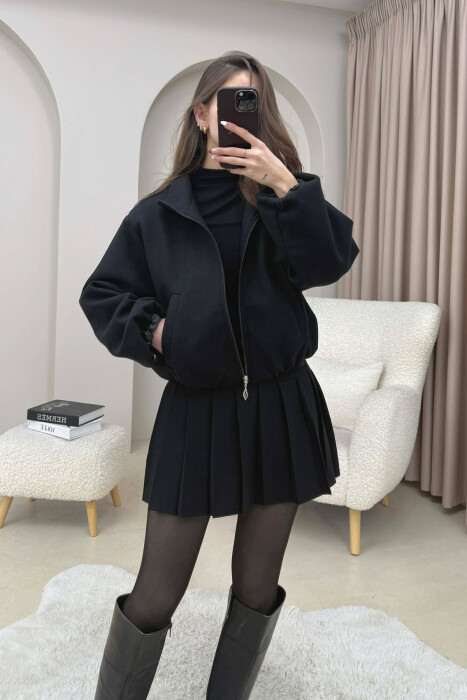 ONE COLOR ELASTIC BELT WOMAN COAT BLACK/ E ZEZE 
