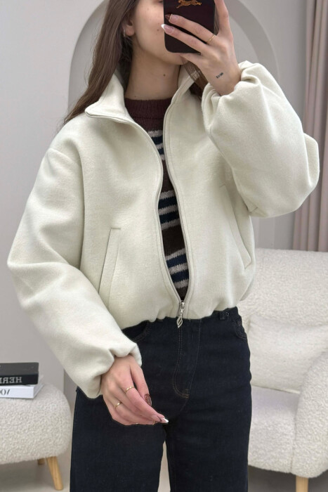 ONE COLOR ELASTIC BELT WOMAN COAT CREAM/KREM - KLAUDIO FASHION