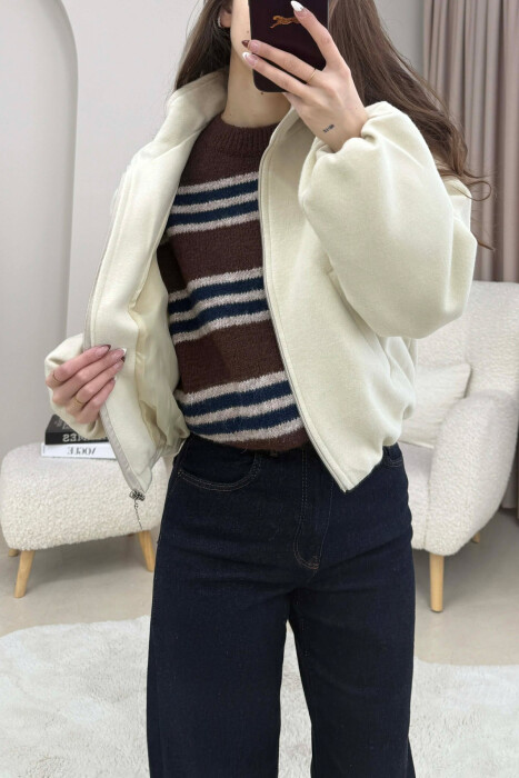 ONE COLOR ELASTIC BELT WOMAN COAT CREAM/KREM - 3