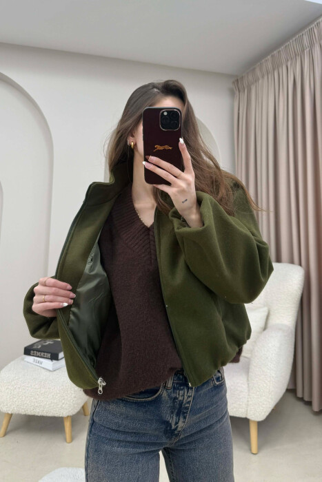 ONE COLOR ELASTIC BELT WOMAN COAT GREEN/JESHILE - KLAUDIO FASHION