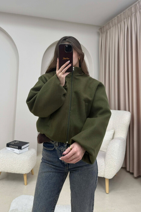 ONE COLOR ELASTIC BELT WOMAN COAT GREEN/JESHILE - 3