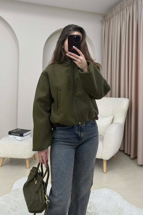 ONE COLOR ELASTIC BELT WOMAN COAT GREEN/JESHILE - 5