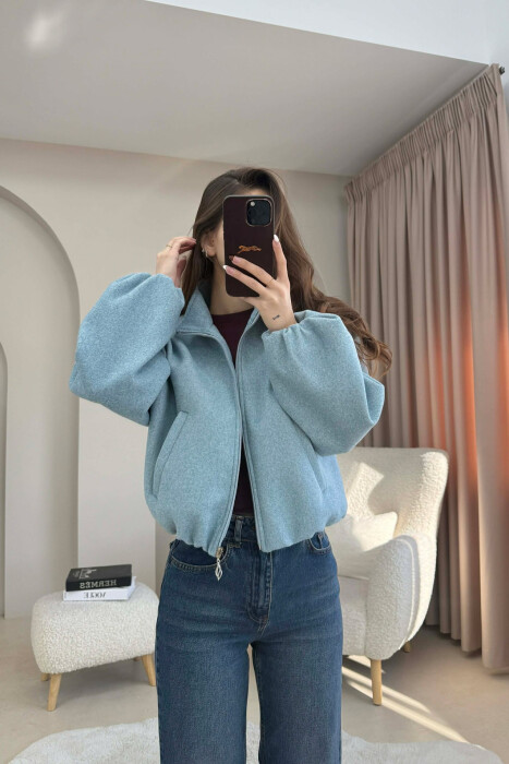 ONE COLOR ELASTIC BELT WOMAN COAT LIGHT BLUE-LIGHT BLUE/BZ-BZ - KLAUDIO FASHION