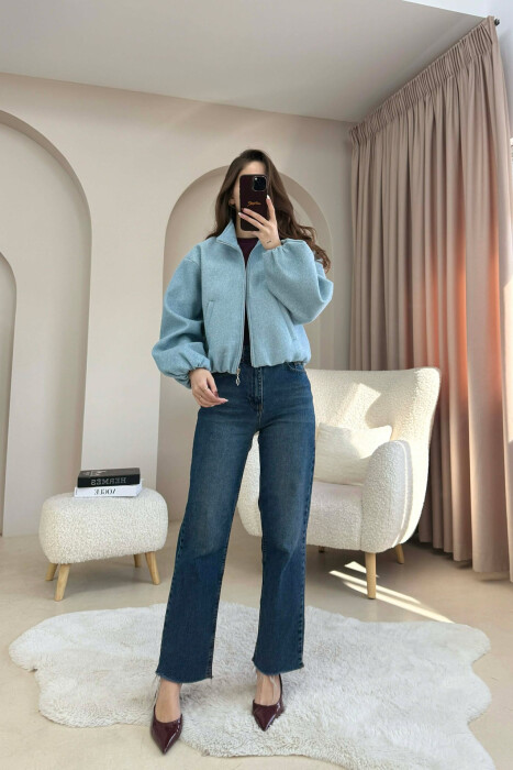 ONE COLOR ELASTIC BELT WOMAN COAT LIGHT BLUE-LIGHT BLUE/BZ-BZ - 2