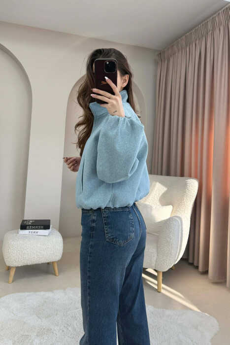 ONE COLOR ELASTIC BELT WOMAN COAT LIGHT BLUE-LIGHT BLUE/BZ-BZ - 3