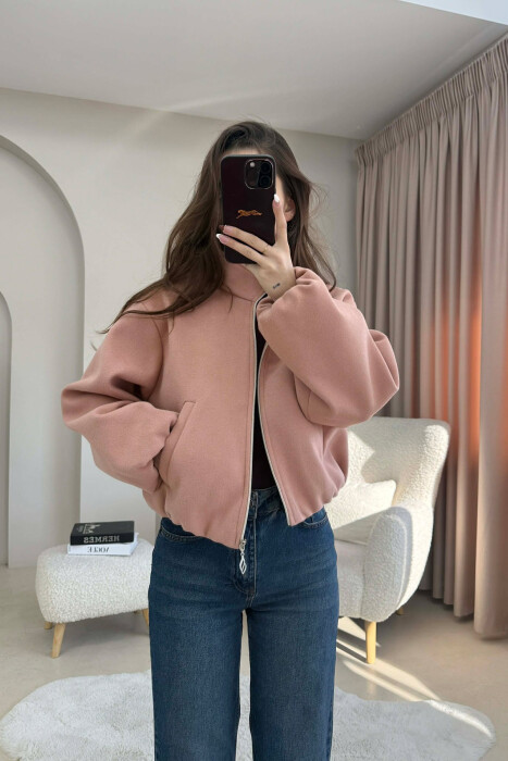 ONE COLOR ELASTIC BELT WOMAN COAT POWDER/PUDER - KLAUDIO FASHION