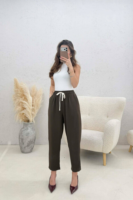 ONE COLOR ELASTIC WAIST WOMAN TROUSERS BROWN/KAFE - KLAUDIO FASHION