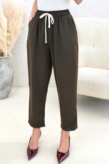 ONE COLOR ELASTIC WAIST WOMAN TROUSERS BROWN/KAFE - 2