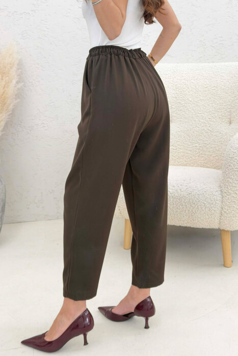ONE COLOR ELASTIC WAIST WOMAN TROUSERS BROWN/KAFE - 3