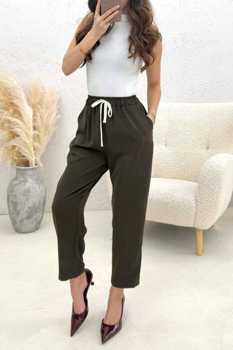 ONE COLOR ELASTIC WAIST WOMAN TROUSERS BROWN/KAFE - 4