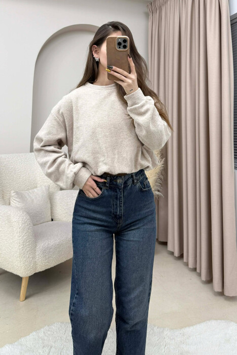 ONE COLOR ELASTIC END WOMEN SWEATSHIRT BEIGE/BEZHE - KLAUDIO FASHION