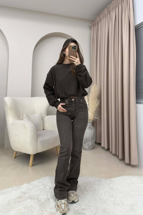 ONE COLOR ELASTIC END WOMEN SWEATSHIRT BROWN/KAFE - 1