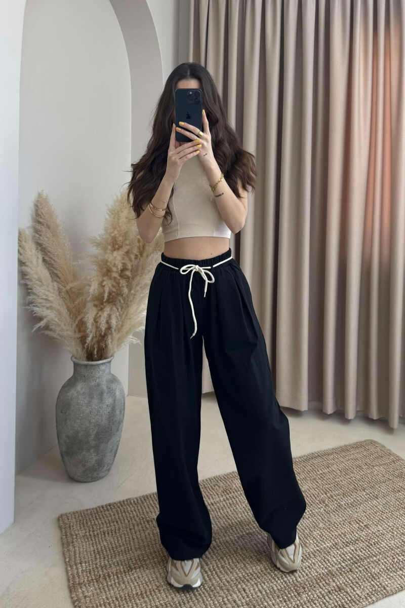 ONE COLOR ELASTIC LACING WAIST WOMEN TROUSERS BLACK/ E ZEZE - 1