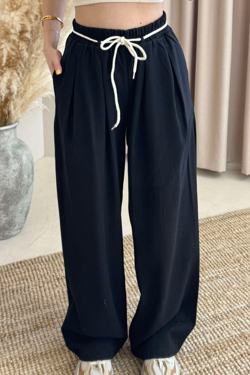 ONE COLOR ELASTIC LACING WAIST WOMEN TROUSERS BLACK/ E ZEZE - 3