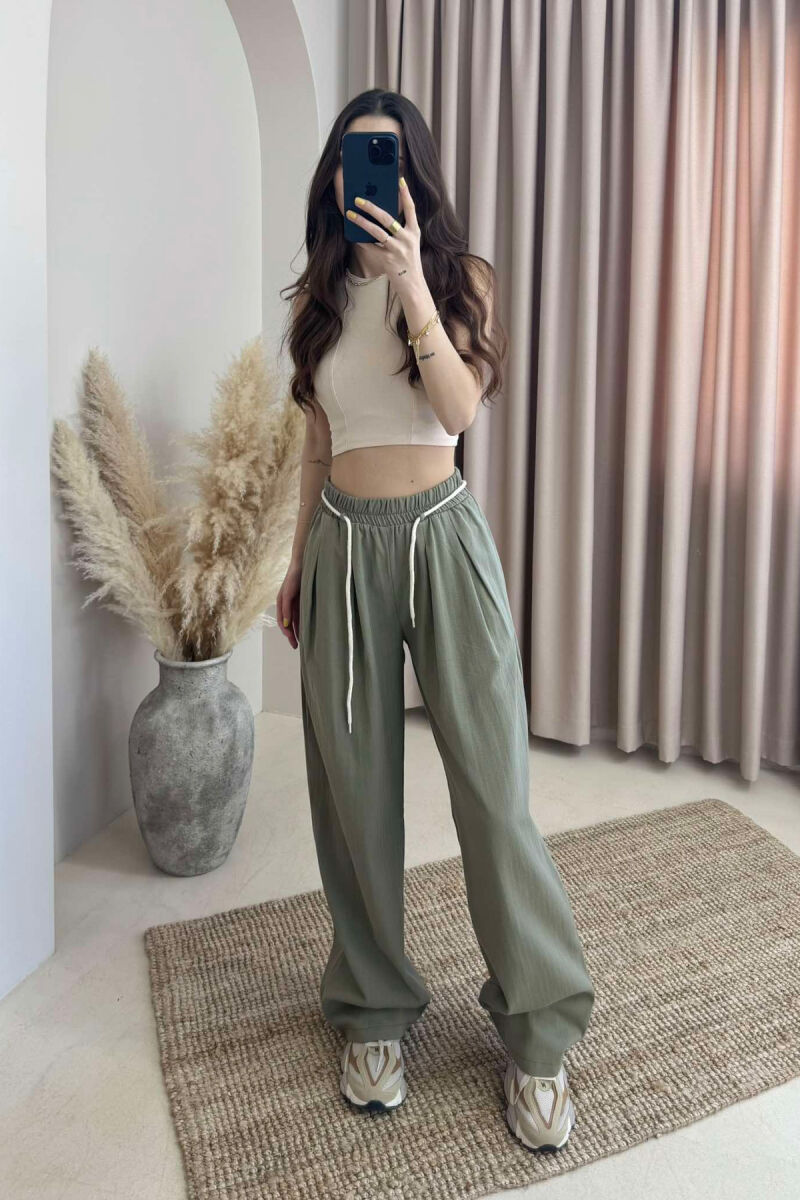ONE COLOR ELASTIC LACING WAIST WOMEN TROUSERS GREEN/JESHILE - 1