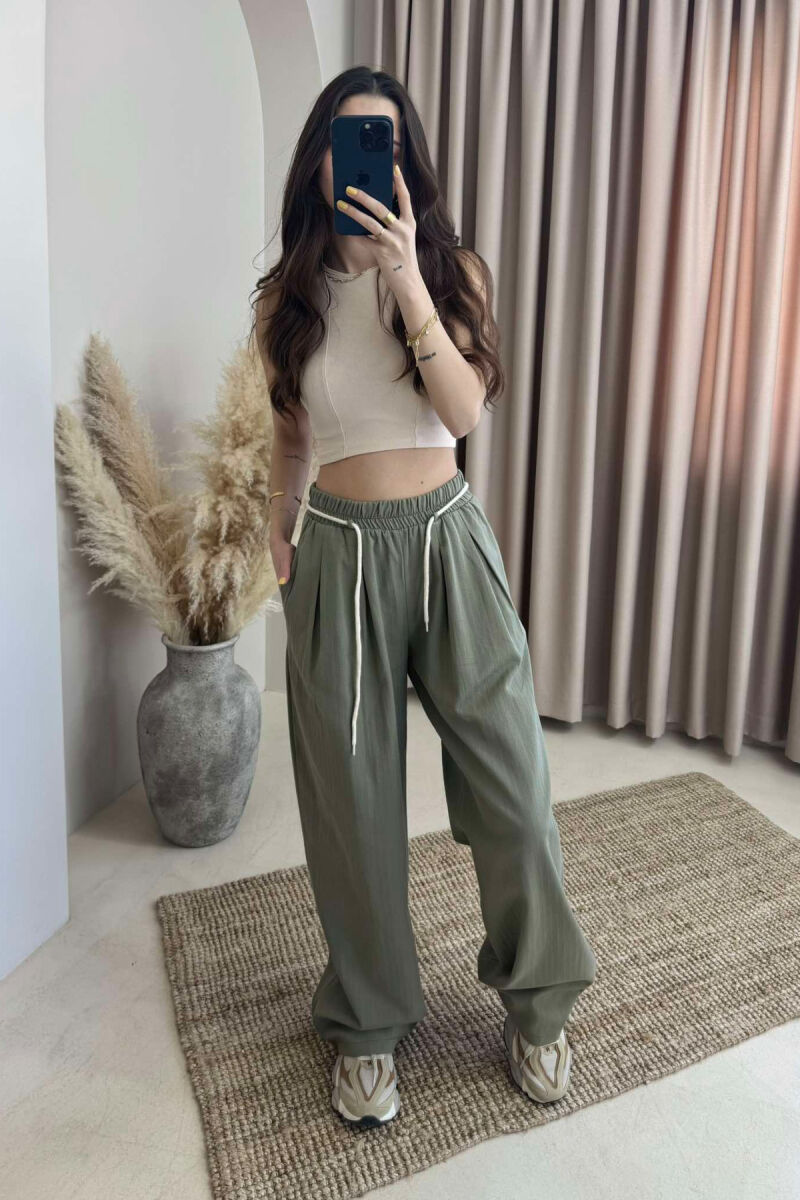 ONE COLOR ELASTIC LACING WAIST WOMEN TROUSERS GREEN/JESHILE - 2