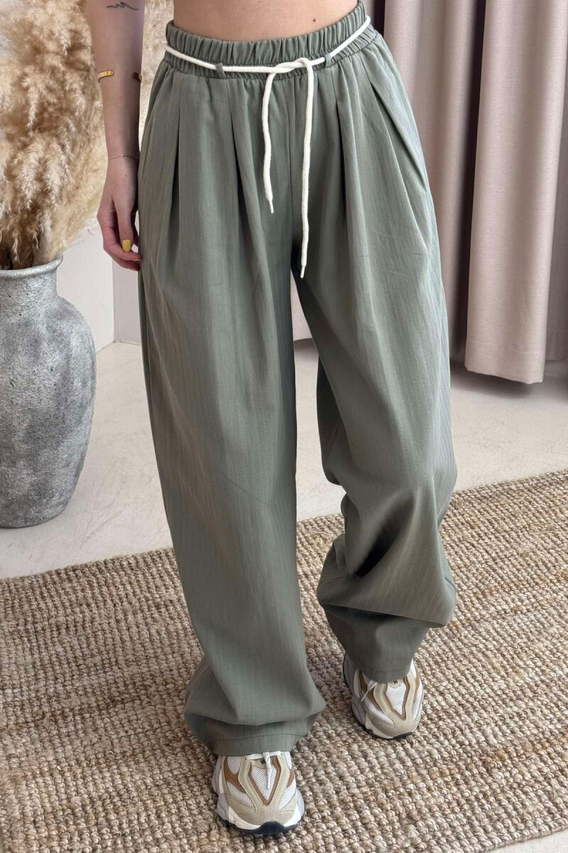 ONE COLOR ELASTIC LACING WAIST WOMEN TROUSERS GREEN/JESHILE - 4
