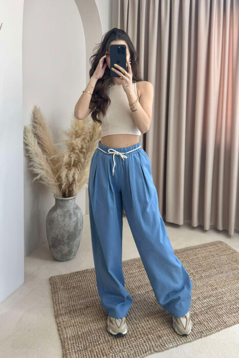 ONE COLOR ELASTIC LACING WAIST WOMEN TROUSERS LIGHTBLUE/BZ 