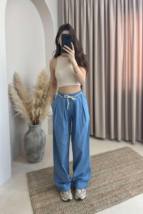 ONE COLOR ELASTIC LACING WAIST WOMEN TROUSERS LIGHTBLUE/BZ - 2