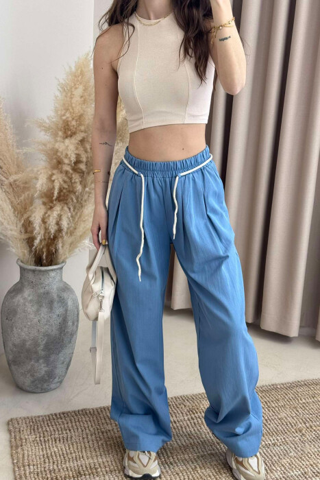 ONE COLOR ELASTIC LACING WAIST WOMEN TROUSERS LIGHTBLUE/BZ - 3