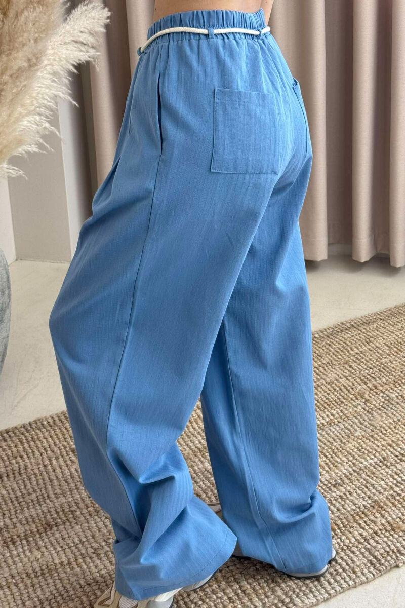 ONE COLOR ELASTIC LACING WAIST WOMEN TROUSERS LIGHTBLUE/BZ - 4