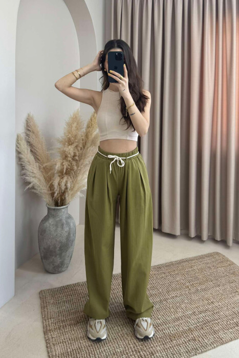 ONE COLOR ELASTIC LACING WAIST WOMEN TROUSERS OLIVE/ULLI 