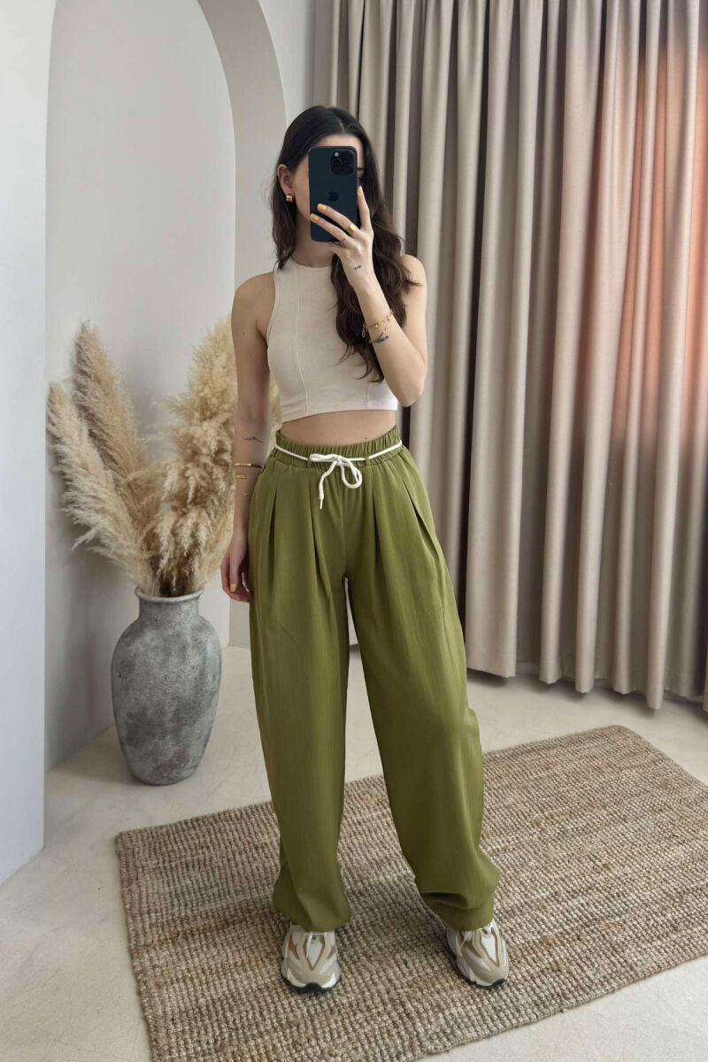 ONE COLOR ELASTIC LACING WAIST WOMEN TROUSERS OLIVE/ULLI - 2