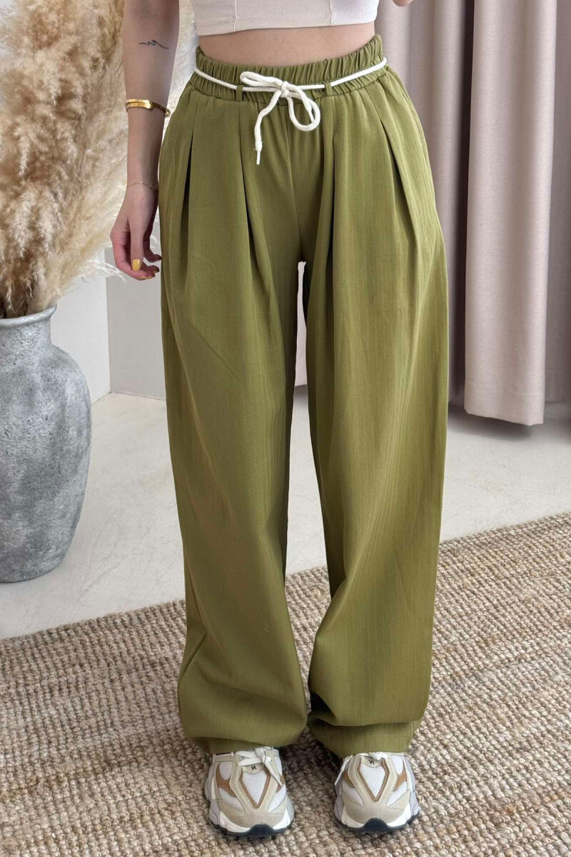 ONE COLOR ELASTIC LACING WAIST WOMEN TROUSERS OLIVE/ULLI - 3