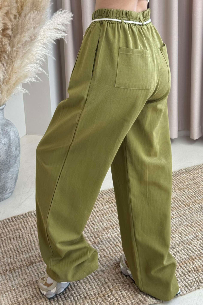 ONE COLOR ELASTIC LACING WAIST WOMEN TROUSERS OLIVE/ULLI - 4